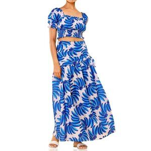 HT 360 Collective Skirt Blue Banana Print Maxi Tie Waist High Waist